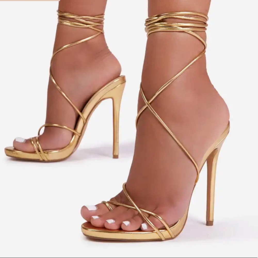 Lace Up Platform Heel Gold Metallic Faux Leather